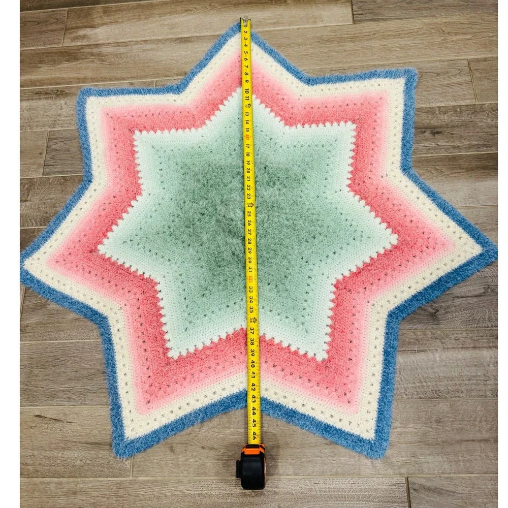 Handmade Vintage Crochet Star Blanket Afghan Throw Fuzzy Pink Blue White Green